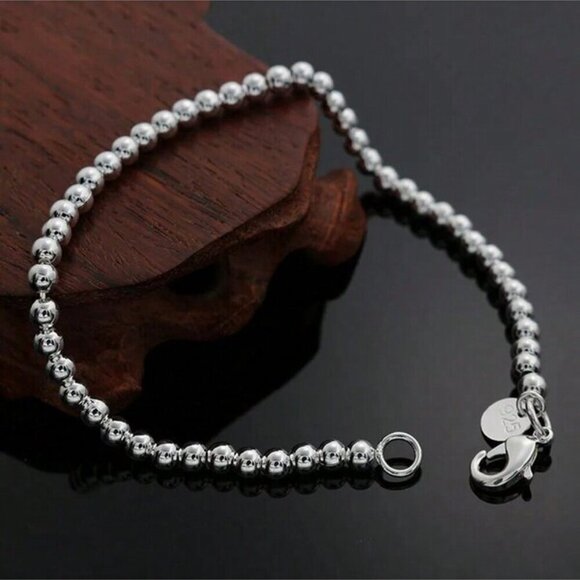 7.25”, Vintage Sterling Silver 925 Handmade Chain Bracelet  925 Sterling Silver Beaded Bracelet with Stamp